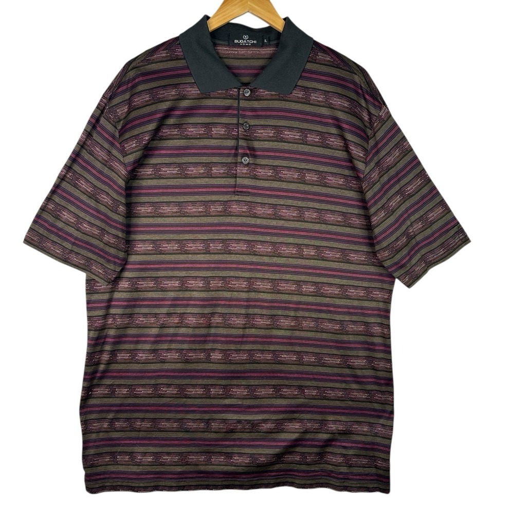 Bugatchi Uomo Striped Polo Shirt Purple Brown Short Sleeve‎ Cotton Mercerized XL